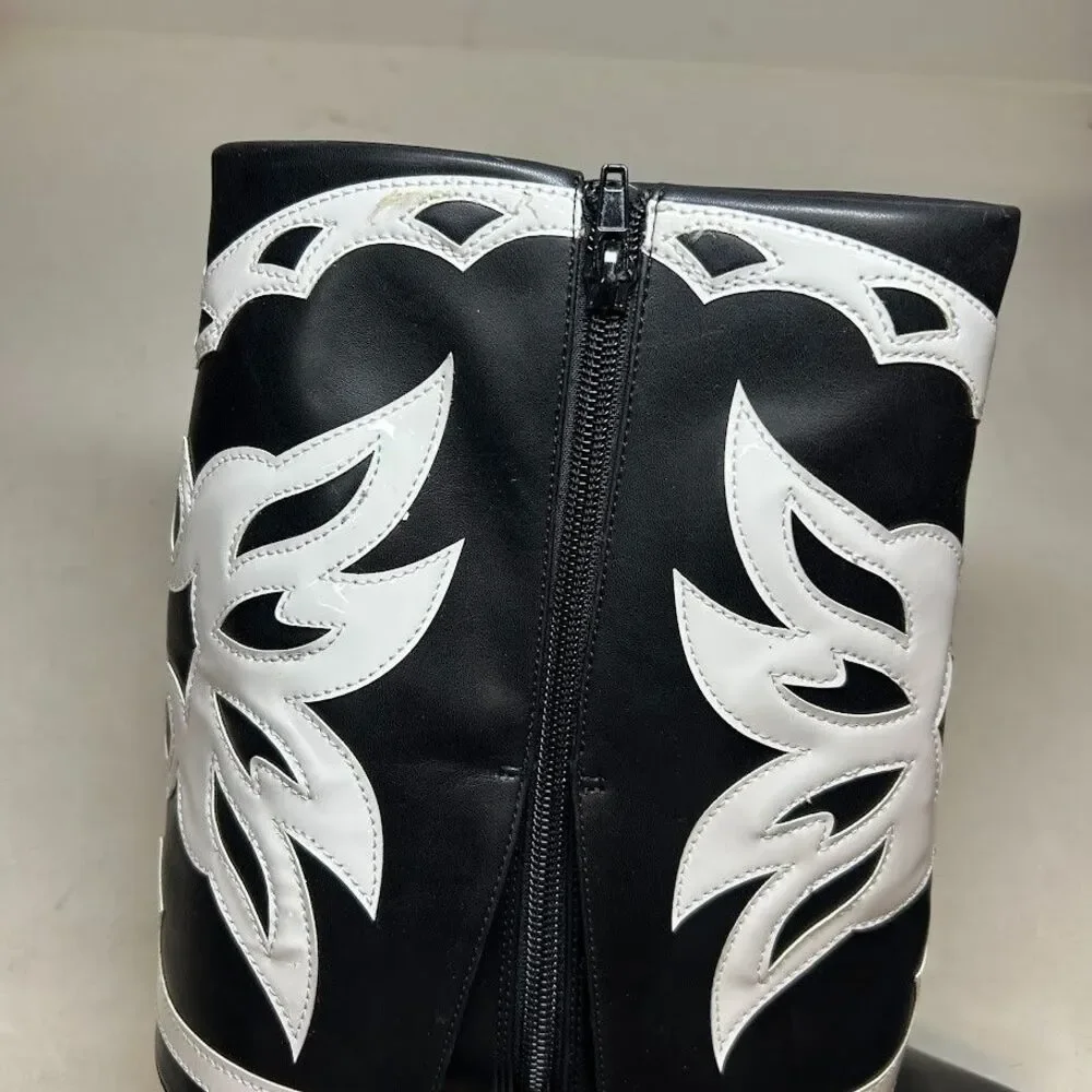 INC Womens 7 M Black White Smooth Jadiza Western High Heel Boots DISPLAY QK0